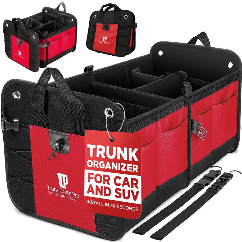 TRUNKCRATEPRO Red Car Accessories Trunk Organizer For Car, Suv Premium Multi Compartments Collapsible Portable Car Organizer For Women W 2 Adjustable straps, non-skid bottom (Large Capacity) - Image 1
